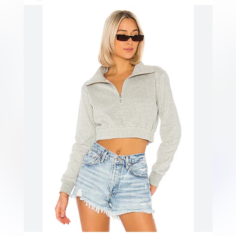 Lovers + Friends Gray Cropped Zippered Polo Sweatshirt